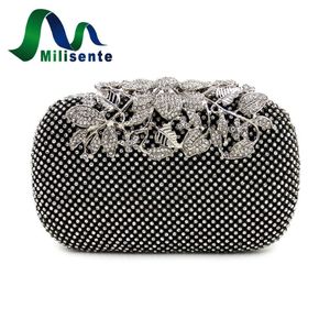 Borse da sera Intero-Milisente Borsa da donna con strass Fiore Diamante Lady Pochette da festa di nozze Borsa Argento Oro Nero Smal303U