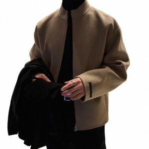 봄과 가을 조명 요리 바람 영국 단색 짧은 모직 재킷 남자의 한국 스타일 스탠드 업 칼라 모직 재킷 B6S5#