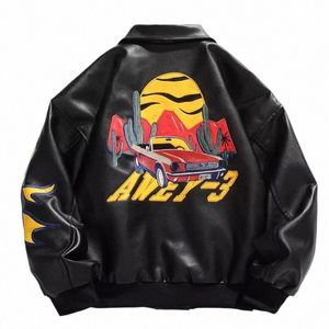 Japanische Harajuku Baseballjacke Männer Frauen Herbst Racing Motorrad Stickerei Lederjacken Unisex PU Bomber Mäntel k1Yr #