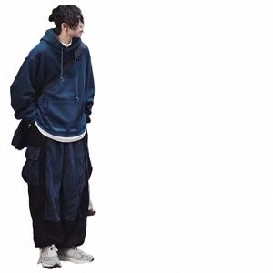 Houzhou Мужские комплекты Вельветовые брюки-карго для мужчин Свободные мужские толстовки с капюшоном Черная японская уличная одежда Хип-хоп Harajuku Осень R4LS #