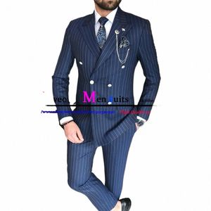 Mens Suits 2 Pieces Vintage Double Breasted Suit For Men Navy Blue Stripe Male Busin Party Slim Fit Groom Wedding Tuxedo S1DK#