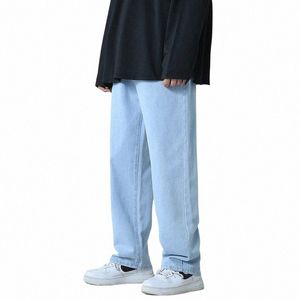 Novo Outono Homens Denim Calças de Perna Larga Estilo Coreano Luz Reta Azul Baggy Jeans Cintura Elástica Calças de Estudante Masculino Preto Cinza k9Az #