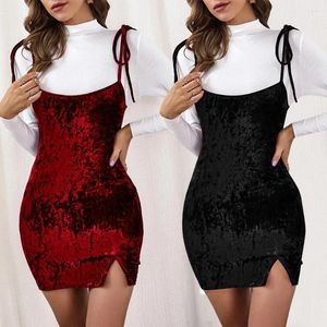 Casual Dresses 2024 Spring And Summer Sexy Split Slim Bow Velvet Suspender Dress Hip Wrap Skirt Women