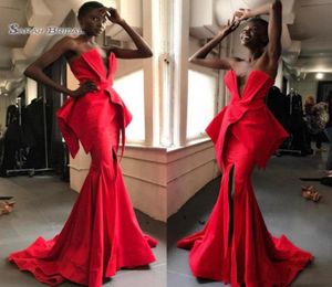 2019 Red Satin Mermaid Evening Gowns South African Strapless Peplum Prom Dresses Split Cheap Sweep Train Formal Party7946497