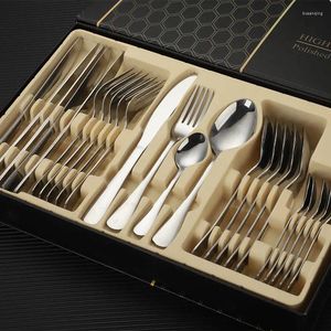 Zestawy zastawy obiadowej Silver Cutlery Gold Cover Box Zestaw obiadowy Prezenty 2024 kieliszki wina na dom 24 -częściowy łyżka turystyki naczynia stołowe