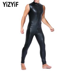 Erkekler yüksek yakalı bodysuit mayo mayo kolsuz fermuar bodycon streçli spor salonu tulum siyah tekli sahte deri katsuit