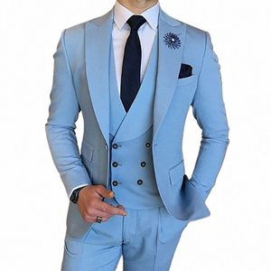 men's Suits Slim Fit 3 Piece Double Breasted Peak Lapel Prom Wedding Groomsmen Party Tuxedo Blazer Blazer+vest+Pants x4KM#