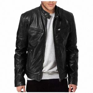 2024 Frühling Herren Fi Lederjacke Slim Fit Stehkragen PU Jacke Männlich Anti-Wind Motorrad Revers Diagal Reißverschluss Jacken 31vu #