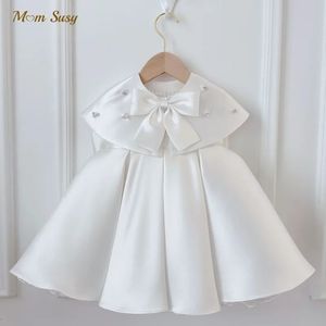 Baby Girl Princess Pearl Silk Dress Cloak Infant Toddler Vintage Bow Vestido Party Birthday Baptism Frocks Clothes 17Y 240318