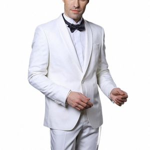 Casamento noivo blazer terno para homens branco xale lapela único breasted duas peças jaqueta calças terno masculino completo fino ajuste o9z1 #