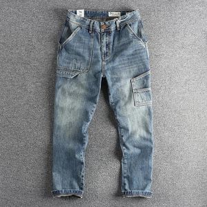 Mäns jeans Q089# Spring American Retro Denim Carpenter last Bomull tvättade gamla avslappnade raka byxor