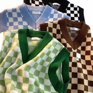 men's Checkerboard Plaid V-neck Knitted Vest Female Spring Autumn Loose Couple Sweater Coat Sleevel Vests Casual Tops C4BW#