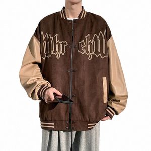 Vintage süet deri beyzbol ceketi sokak kıyafeti hip hop erkekler bombacı ceketler büyük boy üniversite tarzı çiftler bahar sonbahar ceket o6wz#