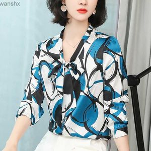 Women's Blouses Shirts A genuine silk womens shirt with a bow and long sleeves elegant womens floral shirt spring/summer office womens fashionable shirt topL240328