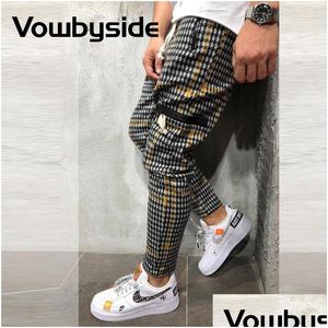 Calças masculinas chique xadrez listras impressão zíper bolso design casual mens dstring magro desportivo jogger streerwear roupas masculinas gota entregar dhhu5