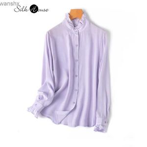 Women's Blouses Shirts Womens Fashion Spring New Vanilla Purple 100% Natural Mulberry Silk Crepe De China Standing Neck Long sleeved Straight ShirtL240328