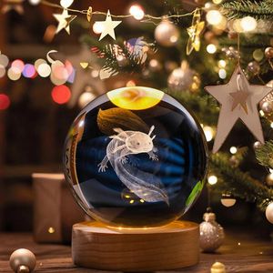 Decorative Figurines 3D Axolotl Engraved Crystal Ball With Wooden Base Lamp Creative Birthday Gift For Friends