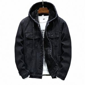 Jaqueta jeans masculina de inverno, jaqueta térmica grossa de lã masculina jovem, tendência casual com capuz, top jeans masculino A12L #