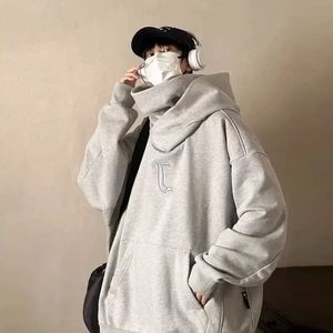 Autumn High Collar Hoodie Pullover Loose Men Coat Tops Harajuku Hip Hop Gothic Outwear Streetwear Y2K Fleece Hooded Sweatshirt 240312