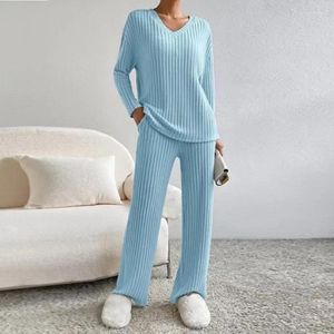 Calças femininas de duas peças coreano casual malha 2 peças conjunto outono inverno terno moda reta perna calça solta com decote em v pit stripe pullers malha