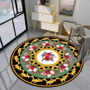 Carpets Luxury European Round Carpet Black Yellow Flower Home Decoration Living Room Bedroom Bathroom Floor Mat Anti Slip