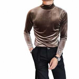 Ropa Hombre Turtleneck Korean Luxury Clothing Solid Veet T Shirt For Men All Match Slim Fit Casual LG Sleeve Men's T-Shirts V1et#