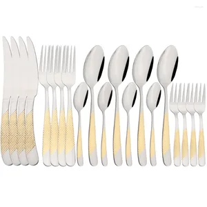 Dunkelwarensätze DRMFIY Gold mit Silbergeschirrset Edelstahl Besteck 20pcs Messergabeln Tee Löffel Küchen Silber