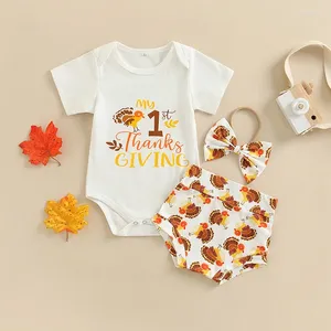 Kläder sätter fokusnorm 3st spädbarn baby flickor tacksägelse dag kläder kalkon bokstäver tryck kort ärm romper shorts och pannband