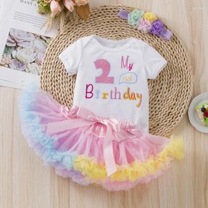 衣類セット女の女の子の誕生日服セット半袖レタープリントロンパーカラフルなチュールフリルスカートフラワーヘッドバンド0-24マンス