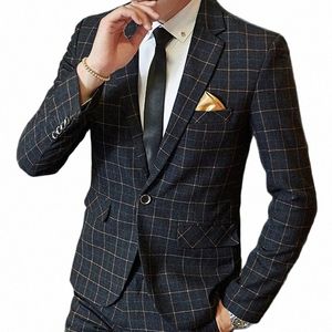 1Pcs Boutique Fi Plaid Mens Casual Busin Blazer Groom Wedding Dr Male Slim Formal Suit Jacket 05LZ#