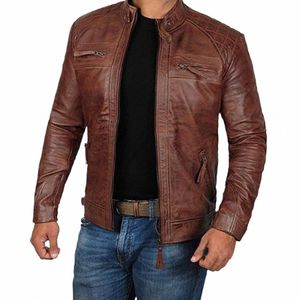 新しいFi Men's Autumn and Winter Warm Brown Leather Jacket Zipper LG WindProof Retro Jacket Coat Top Men's Jacket P5ZH＃