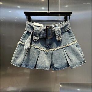 Kjolar 2024 vår sommar denim veckad kjol kvinnor hög midja smal a-line mini q614 droppleverans kläder kvinnors kläder ot4ny