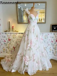 로맨틱 스파게티 스트랩 플로럴 프린팅 A- 라인 웨딩 드레스 연인 소매 소매 러플스 신부 가운 로브 드 마리에