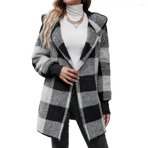 レディースジャケット女性アウターウェア居心地の良い格子縞の格子縞のプリント濃厚なニット秋の冬のコートのためのオーバーコート弾性カフの途中の長さ