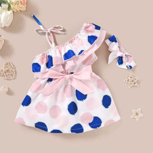 Mädchenkleider Kinder Mädchen Kleid Kleinkind Baby Mädchen Rosa Polka Dot Print Träger Urlaub Partykleid mit Stirnband 2PCS Outfit yq240327