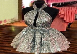 Glittering Sequined Homecoming Cocktail Dresses 2021 Sexy Backless Halter Short Prom Gowns A Line Puffy Skirt Formal Party Dress A2366669