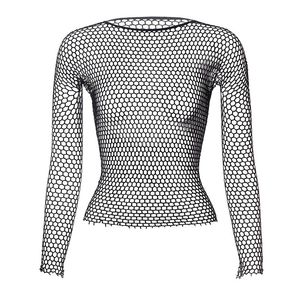 Kvinnor Fishnet Mesh Tops 6 färger Sexig Se genom T-shirt Skinny Goth Hollow Out Long Sleeve Shirts Crop Top Shirt Streetwear 240321