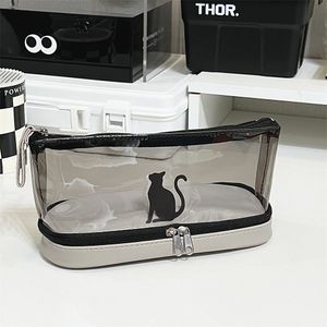 Transparent kitten pencil case with simple, high-looking and large-capacity double-layer student PVC stationery case