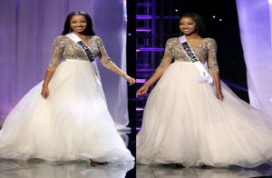 The Miss Teen USA 2019 미인 대회 유명 인사 드레스 섹시 V 목 34 긴 소매 아플리케 라인 공식 저녁 행사 드레스 9915233