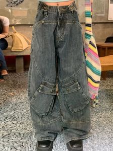 Большой размер ретро-панк-стиль большой карманный инструмент джинсы женская уличная мода, брюки с прямой ногой Y2K Loose Mopping Pants для мужчин 240321