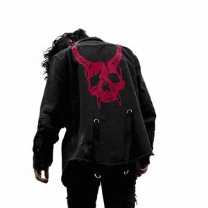 harajuku Gothic Dem Hunter Skull Black Denim Jacket Men Rock Punk Heavy Metal Sweatshirt Sudadera Suspenders Hole Streetwear D14W#