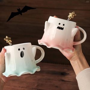 Mugs Halloween Mug Set 460 ml Ghost Microwave Safe Funny Coffee Cup with Spoon/Lid Gift för festdekorationer