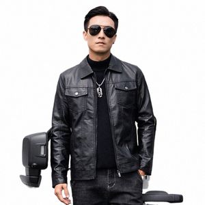 motorcycle Clothing Pockets Faux Leather Jackets Zipper Black Collar Plus Size Men Fi Slim Motorcycle PU Leather Jacket r02n#