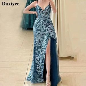 Casual Dresses Glittering paljetter Prom Spaghetti Strap High Split Side Cocktail Dress Vestidos Mesh Patchwork Long Evening Party Gowns