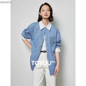 Kvinnors blusar skjortor Toyota Womens randig skjorta 2024 Spring Ny långärmad Polo Neck Loose Shirt broderad mode Casual Coat Topl240328