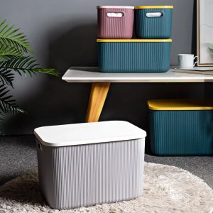 BINS Stora plastkläder förvaringslåda leksaker arrangör container vertikala ränder hem förvaring fack med lock sidhandtag makeup box