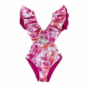 Costumi da bagno delle donne 2023 Nuova stampa Costumi da bagno Profondo scollo a V Ruffle Costume da bagno Push Up Costume intero Beach Wear Backl Mokini J230506 d4IX #