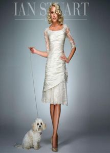 ハーフスリーブのある花嫁のドレスのレースアップリケバトーネックウェディングゲストドレス膝の長さタフタプラスフォーマルGO5191959