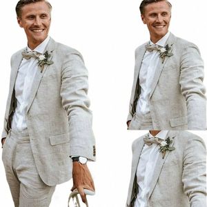 linen Men's Suits Summer Wedding Groom Wear 2 Pcs Casual Groomsmen Tuxedo Notch Prom Blazer Jacket+Pants E5N3#