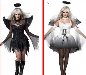 Beyaz siyah şeytan düşmüş melek kostüm kadınlar seksi cadılar bayramı parti kıyafetleri yetişkin kostümler süslü elbise kafa aşınma kanadı2364649